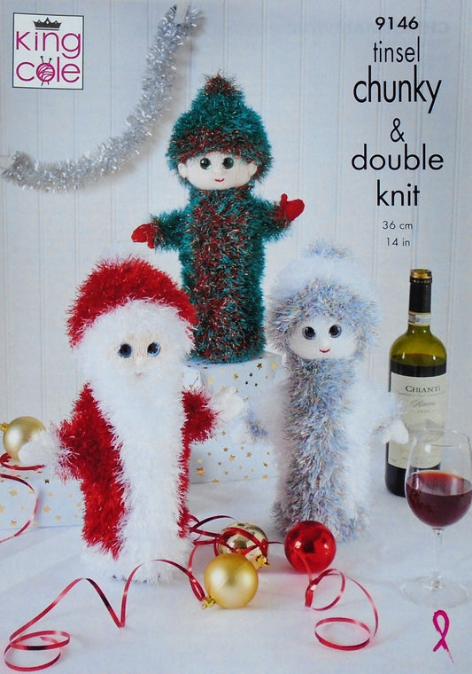 DIGITAL Knitting Pattern Santa, Snowman and Elf Wine Bottle Cover Tinsel Yarn King Cole 9146