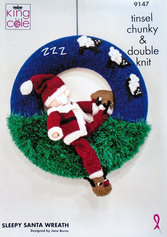 DIGITAL Knitting Pattern Sleepy Santa Wreath DK & Tinsel Yarn King Cole 9147