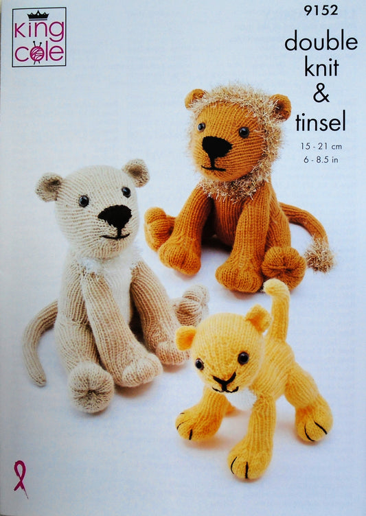 DIGITAL Knitting Pattern 3 Sizes Lion Family Stuffed Toys DK King Cole 9152