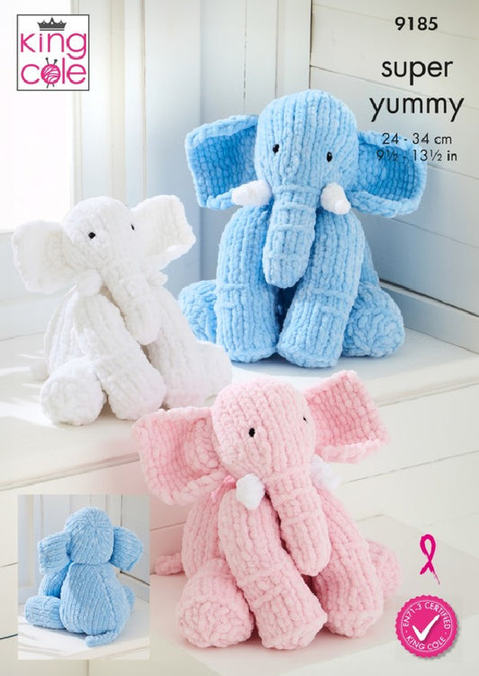 DIGITAL Knitting Pattern Elephant Toys 3 Sizes Super Yummy Chunky King Cole 9185